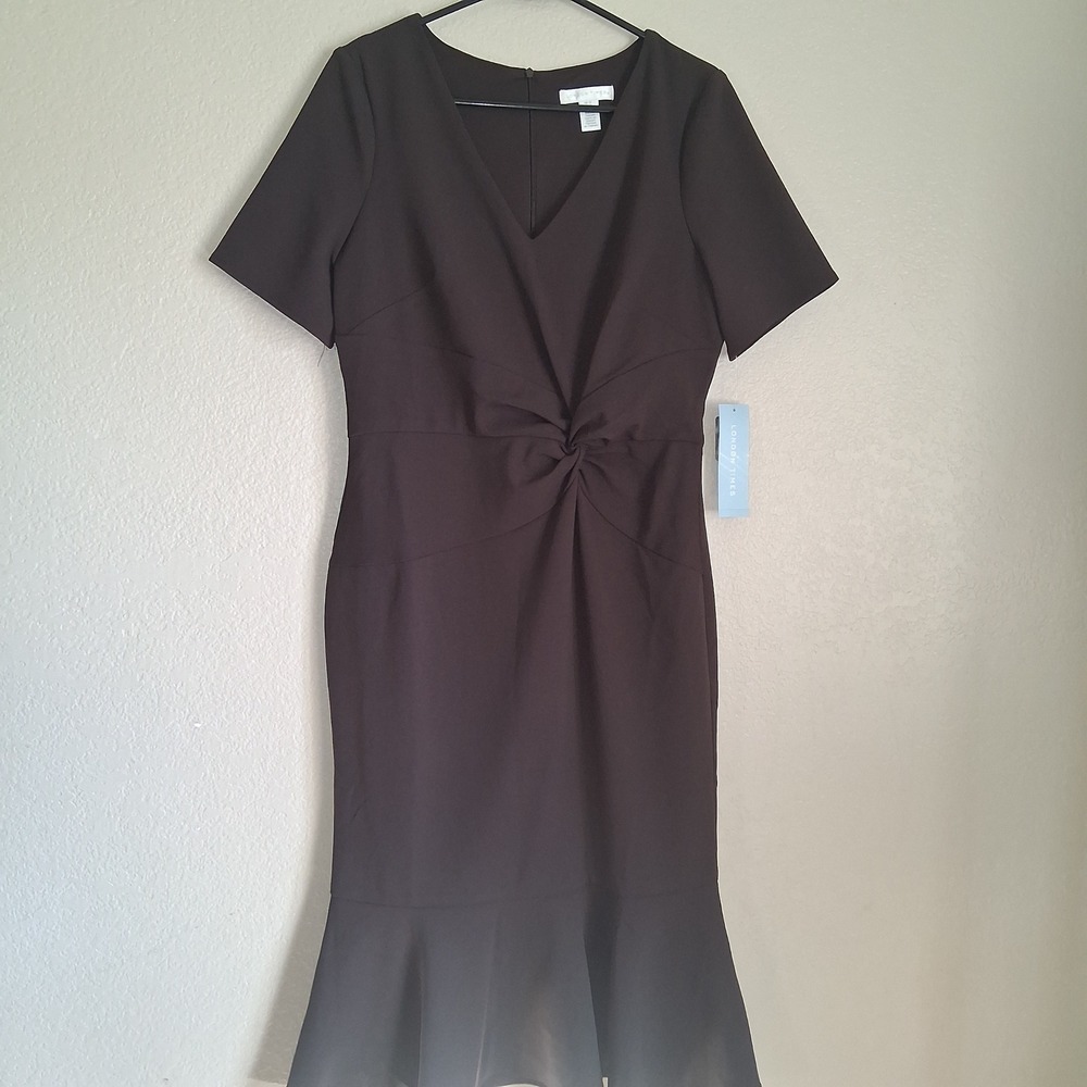 London Times Sheath Dress Women 12 Brown Twist Front Ruffle Hem Career Classic
